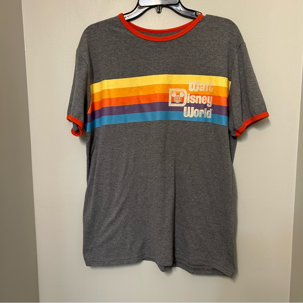 Walt Disney World Rainbow Stripe T-Shirt Sz M Gray Tee‎ Retro Mickey